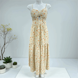 Vestido Longo/Midi Floral Primavera Verão | Decote Cut-Out e Alças Finas